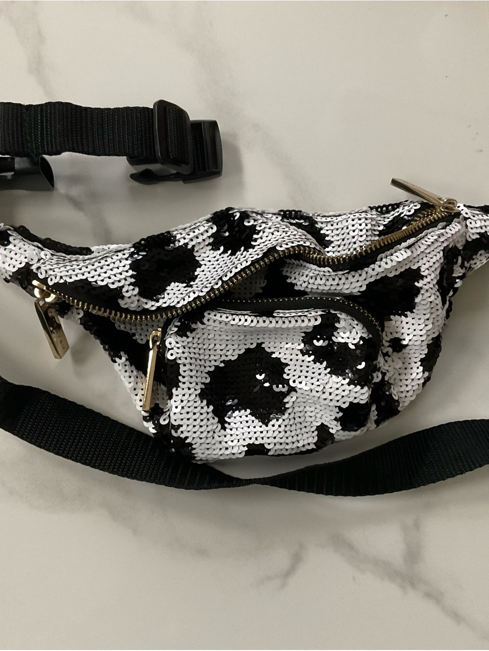 Skinnydip London Sequin Black & White Cow Print Belt Bag